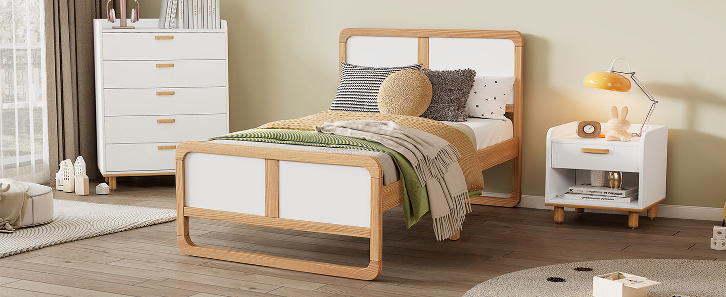 Modern Style Twin Size Solid Wood Platform Bed for  Kids, Teens, Adults, No Need Box Spring, Walnut and White