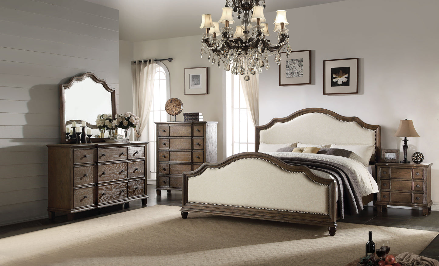 ACME Baudouin Queen Bed in Beige Linen & Weathered Oak 26110Q