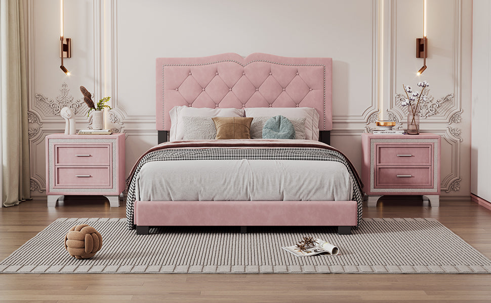 Full Size Upholstered Bed Frame with Rivet Design, Modern Velvet Platform Bed with Tufted Headboard,Pink