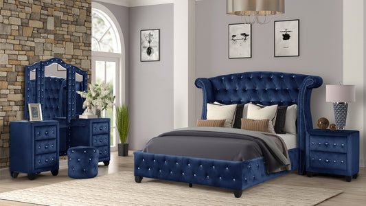 Modern Style Crystal Tufted Queen 4 Piece(Includes: Queen Size Bed, Nightstand, Vanity Set) Velvet Fabric Upholstery Vanity Bedroom Set Made with Wood in Blue