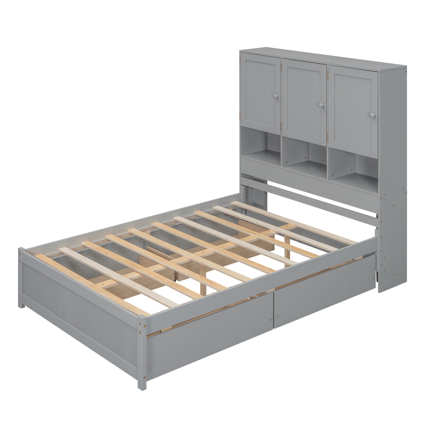 Full Size Platform Bed with Storage Headboard and 4 Drawers, Gray