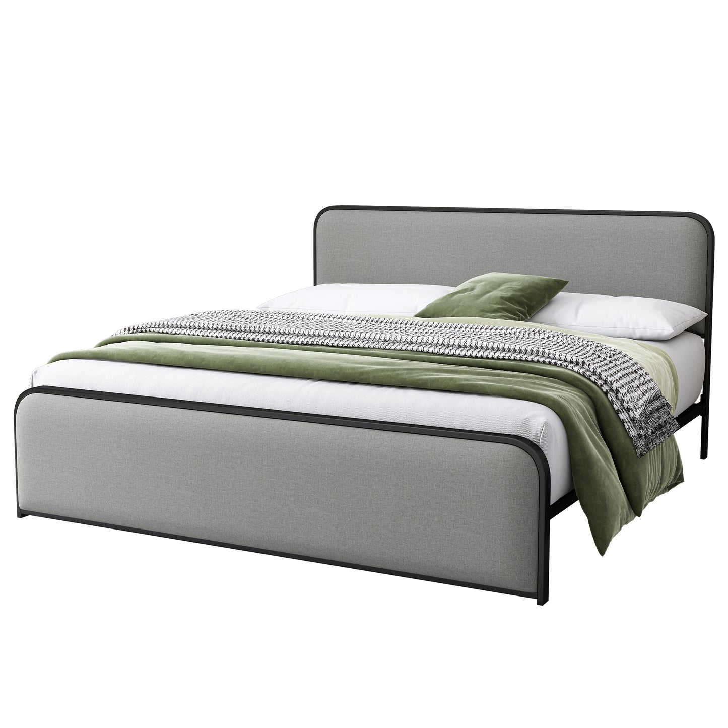 Modern Metal Bed Frame with Curved Upholstered Headboard and Footboard Bed with Under Bed Storage, Heavy Duty Metal Slats, King Size, Grey