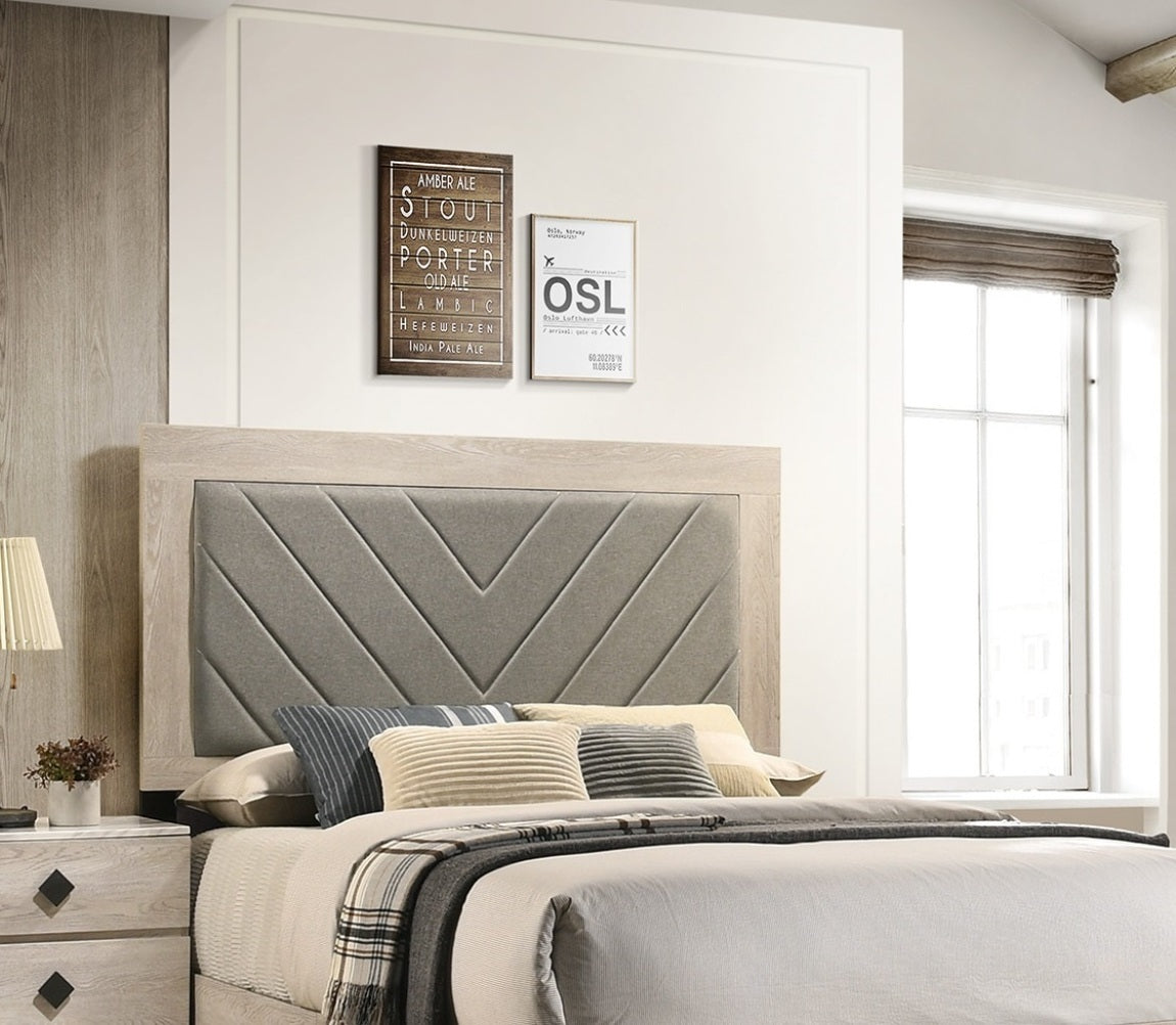 Contemporary 1pc Cream Finish Eastern King Size Bed Bedroom Furniture Gray V-Design Headboard Rubberwood 1pc Bedframe