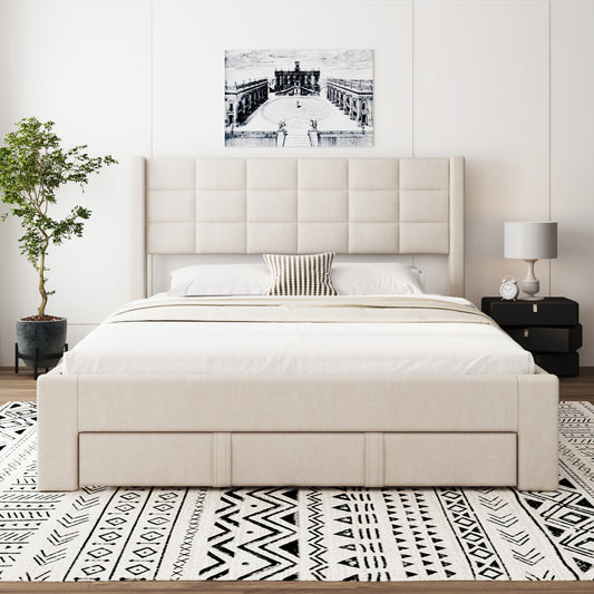 Queen Size Upholstered Platform Bed with A Big Drawer, Beige