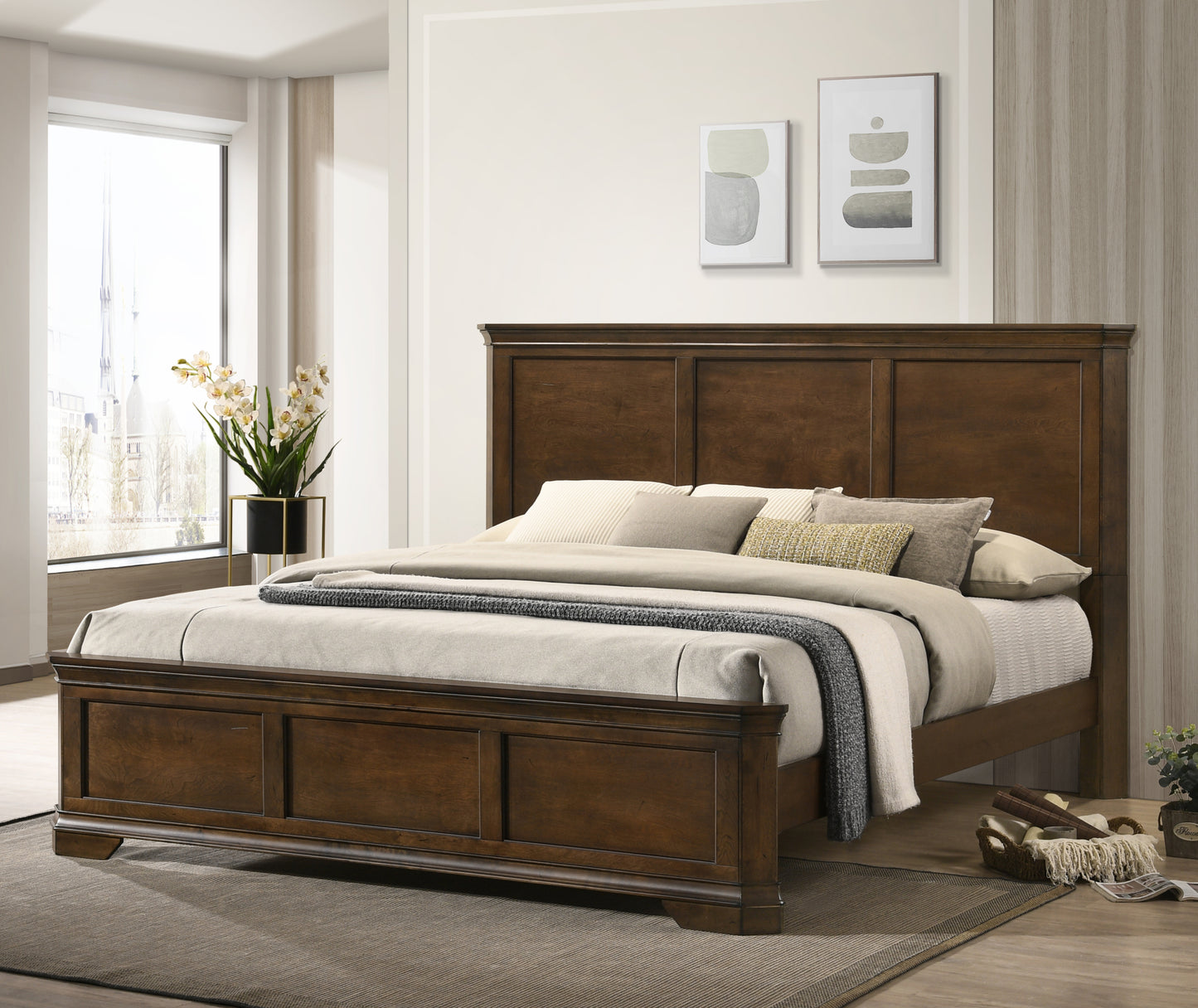 Maderne Traditional 3-Piece Wood Bedroom Set with King Size Panel Bed and Two Nightstands