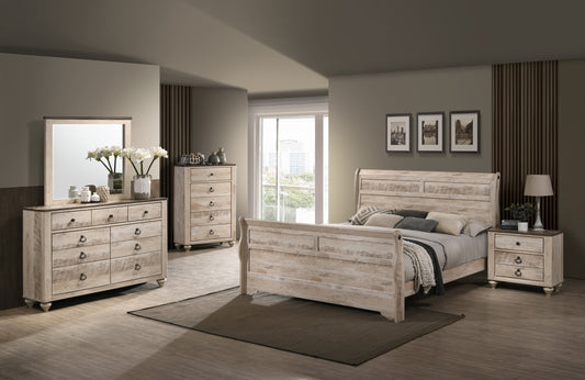 Imerland Contemporary White Wash Finish Bedroom Set with Queen Sleigh Bed, Dresser, Mirror, Nightstand, Chest