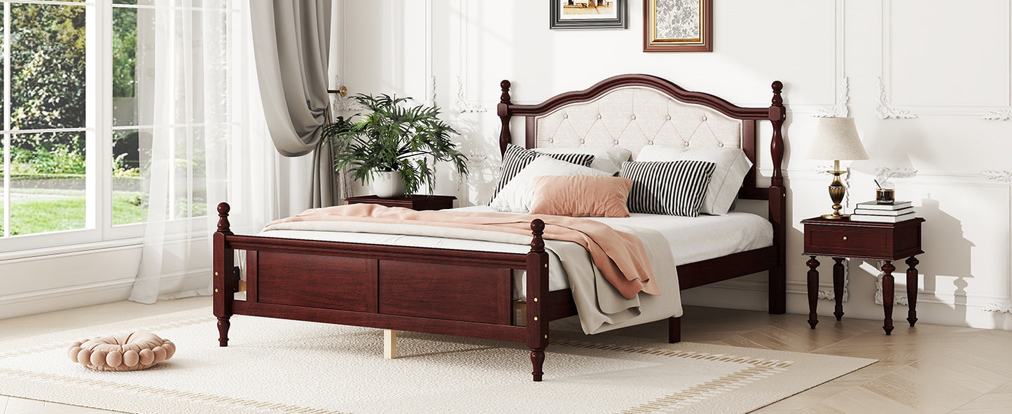 Queen Pine wooden Bed with Upholstered Headboard  and Panel Footboard, with  Two Bed Rail Support Feet and Central Platform Support Feet ,Classic Cherry