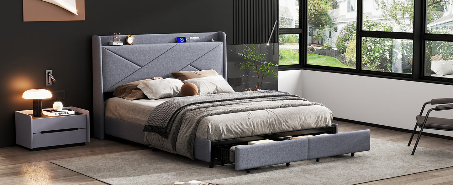 Queen Size Upholstery Platform Bed with Storage Headboard, LED, USB Charging and 2 Drawers, Gray