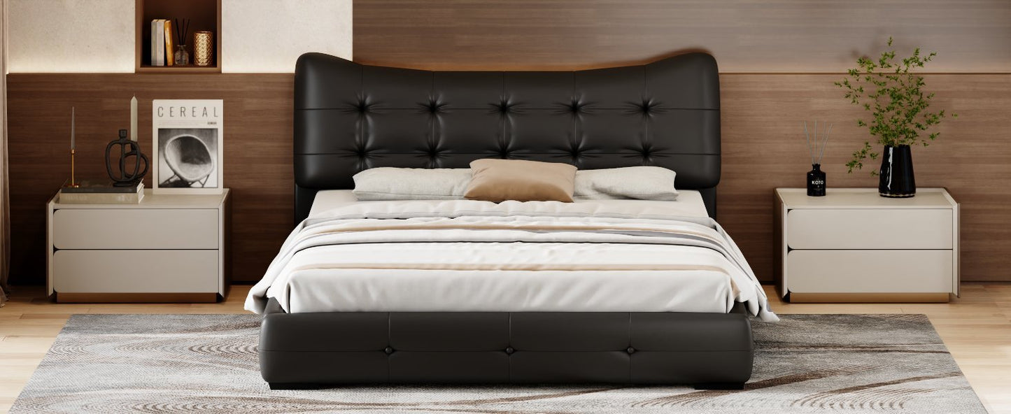 Modern PU Upholstered Queen Bed with Ergonomic Wingback Headboard, No Box Spring Needed, Black