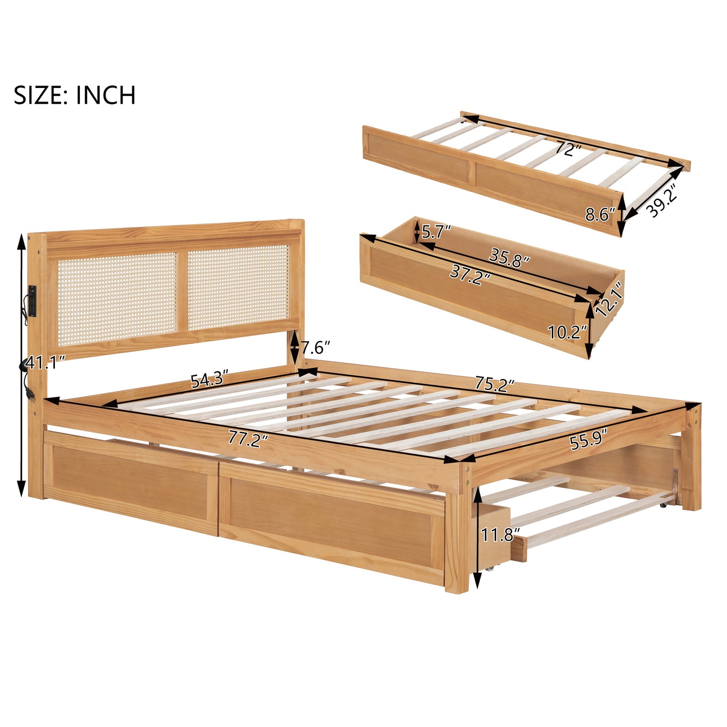 Full Size Elegant Bed Frame with Rattan Headboard and Sockets ,Natural