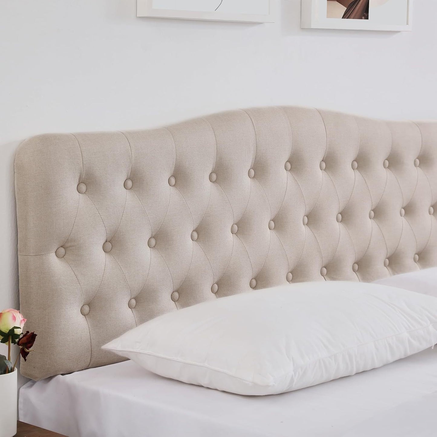 Upholstered Full Headboard, Button Diamond Tufted Headboard with Adjustable Height and Solid Wood Leg, Linen Fabric Padded Headboard for Full Size Bed, Mordern Head Board, Beige