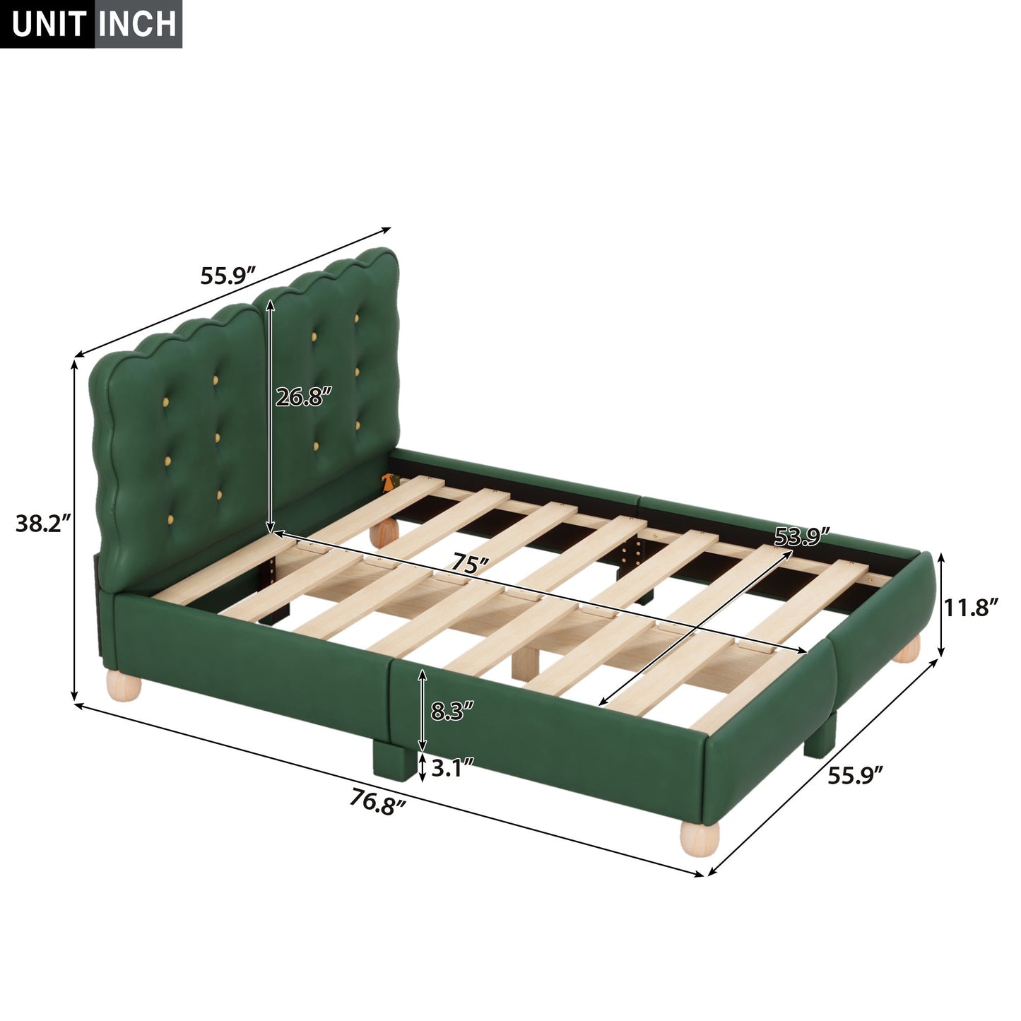 Lit plateforme rembourré pleine grandeur avec pieds de support, vert