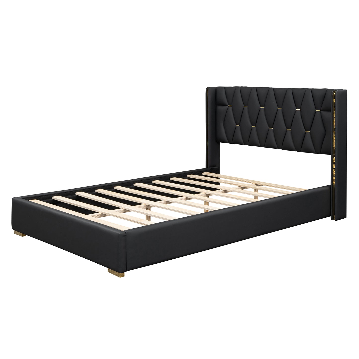 Full Size Upholstered Platform Bed with Metal Strips, Black