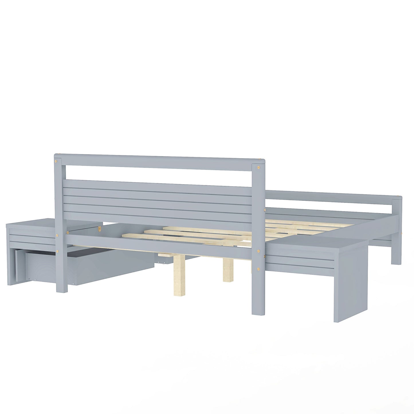 Lit plateforme en bois pleine grandeur avec 2 tiroirs de rangement et 2 tables de chevet, gris