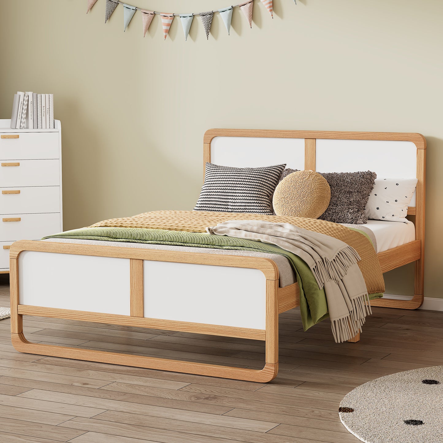 Modern Style Full Size Solid Wood Platform Bed for  Kids, Teens, Adults, No Need Box Spring, Walnut and White