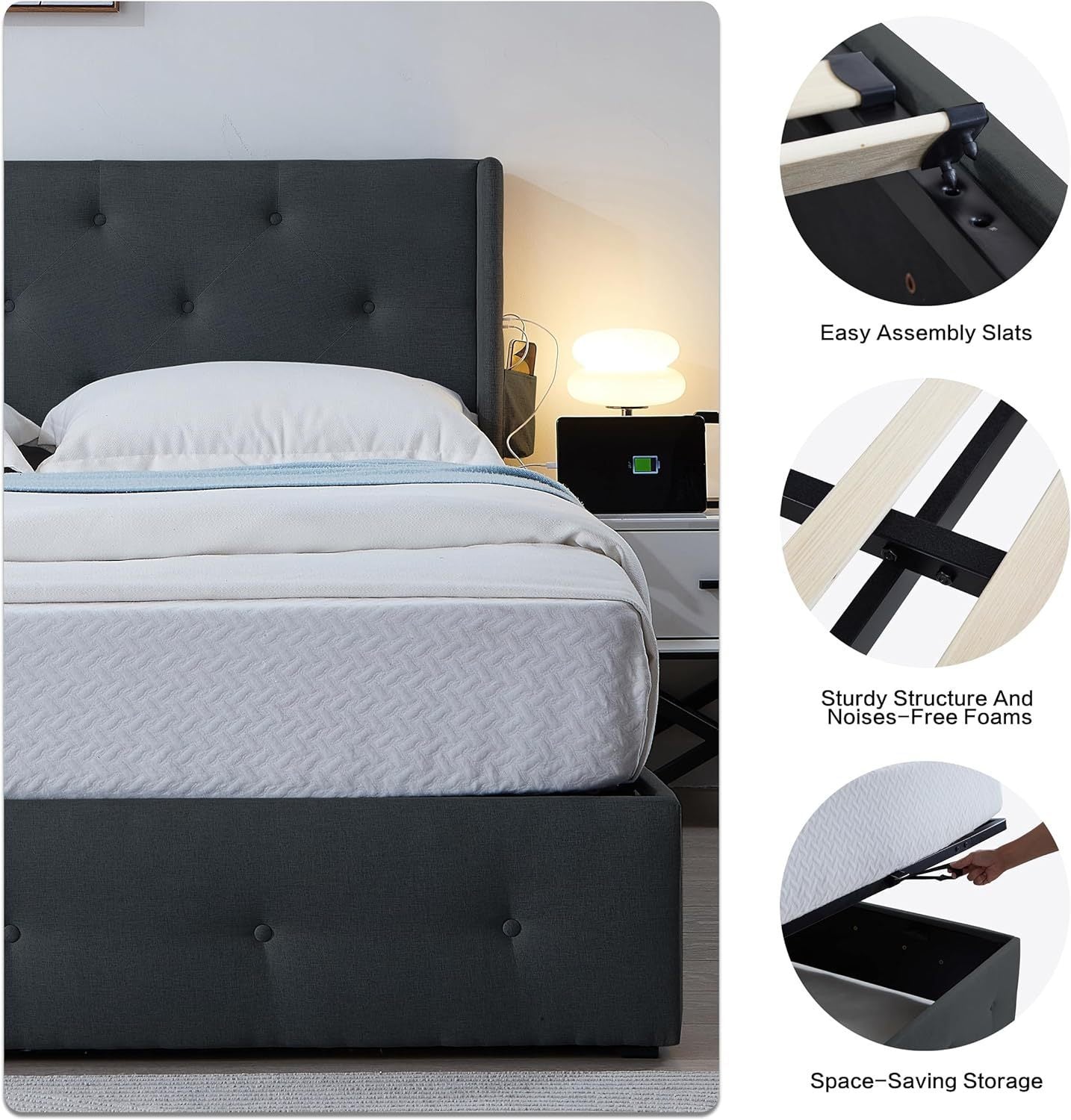 Full Size Bed Frame with Gas Lift Storage Bed with Modern Wingback Headboard, USB Ports