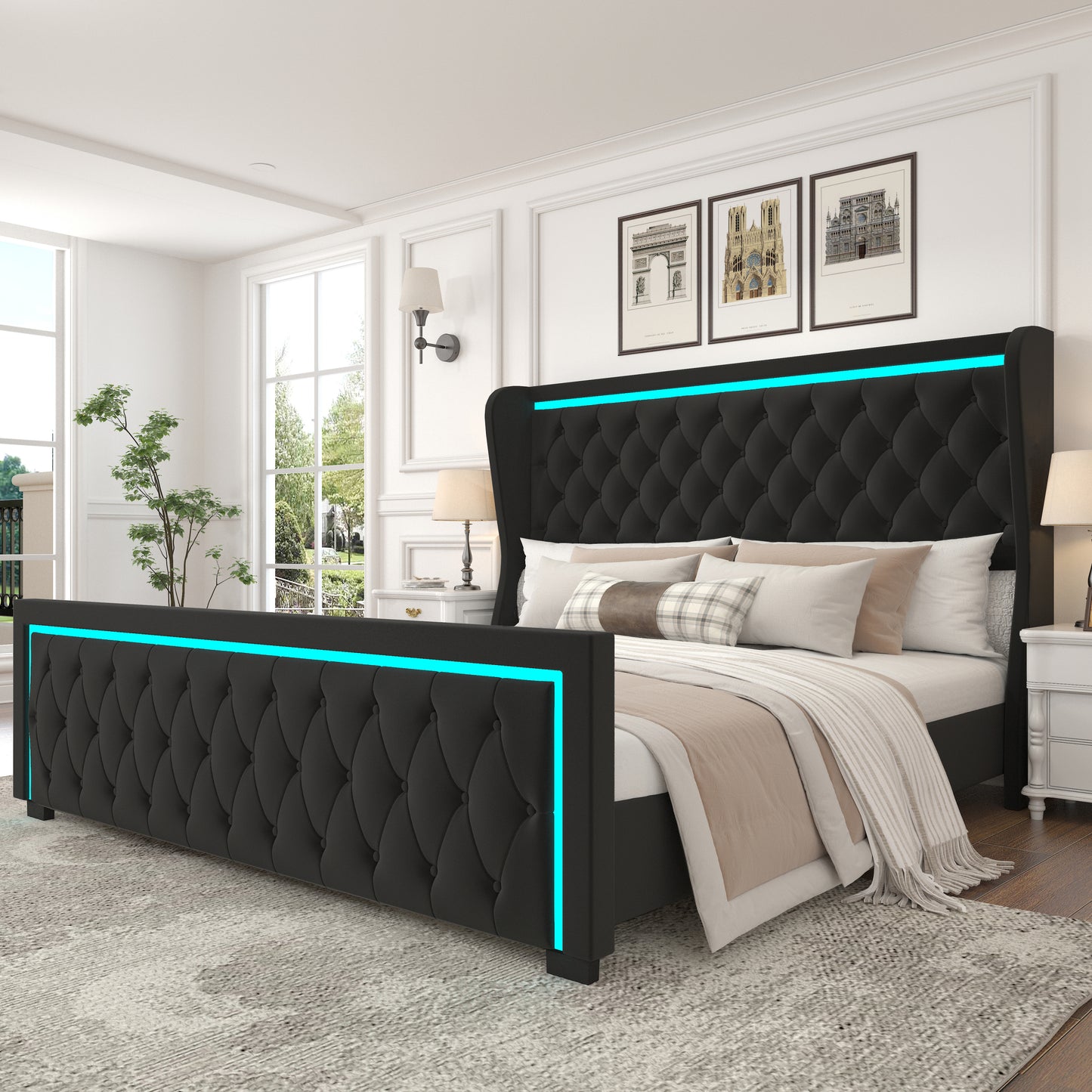 Queen Platform Bed Frame With High headboard, Velvet Upholstered Bed with Deep Tufted Buttons, Adjustable Colorful LED Light Decorative Headboard, Wide Wingbacks,BLACK