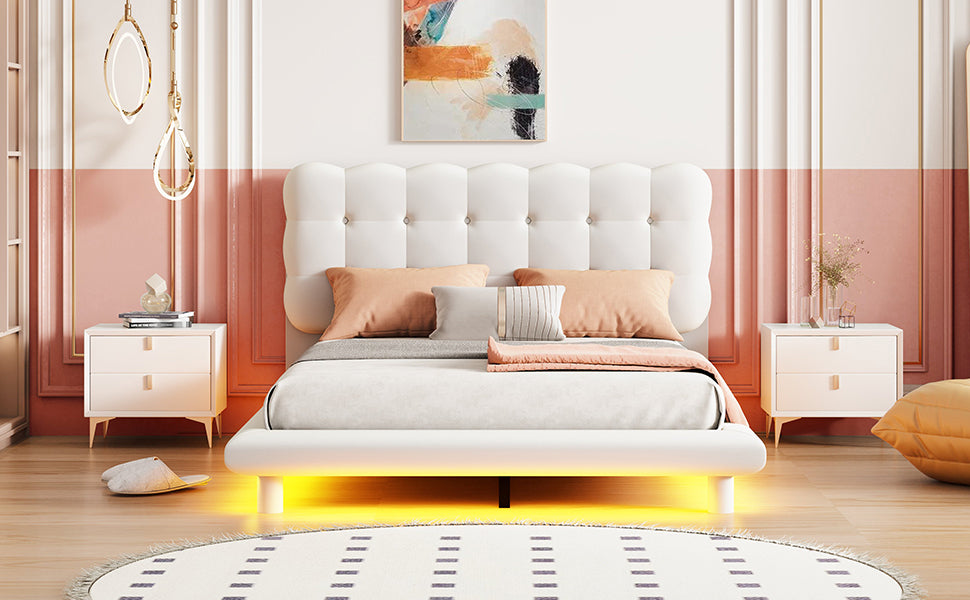 Full Size Velvet Platform Bed with LED Frame, Thick & Soft Fabric and Button-tufted Design Headboard, Beige