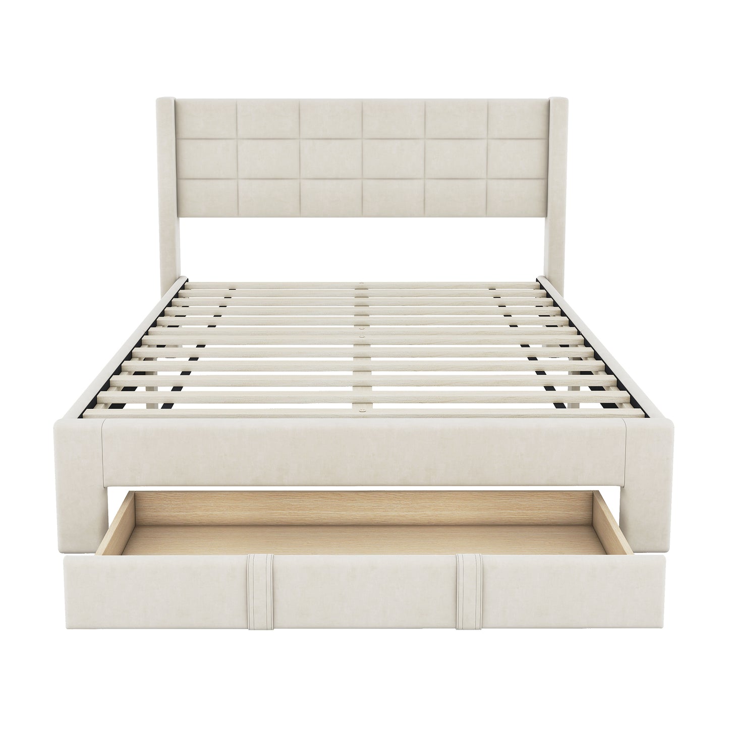 Queen Size Upholstered Platform Bed with A Big Drawer, Beige