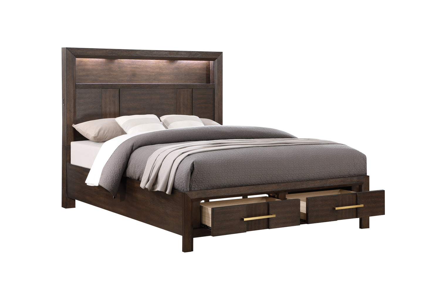 Modern Style King 5PC Storage Bedroom Set Made with Wood, LED Headboard, Bluetooth Speakers & USB Ports - Walnut