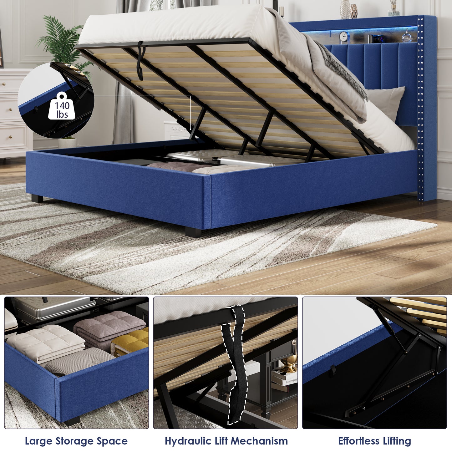 Luxury Gas Lift Storage Bed with RF LED Lights, Storage Headboard ,FULL Size ,Velvet Blue