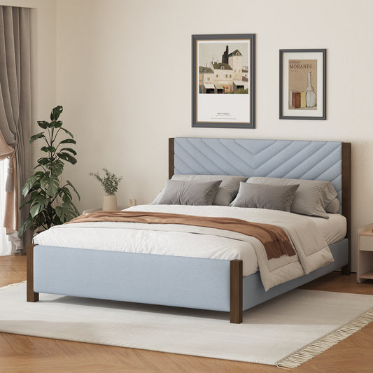 Modern Mid-Century Queen Upholstered Platform Bed Frame with Tufted Headboard and Solid Wood Legs,No Box Spring Needed,Gray