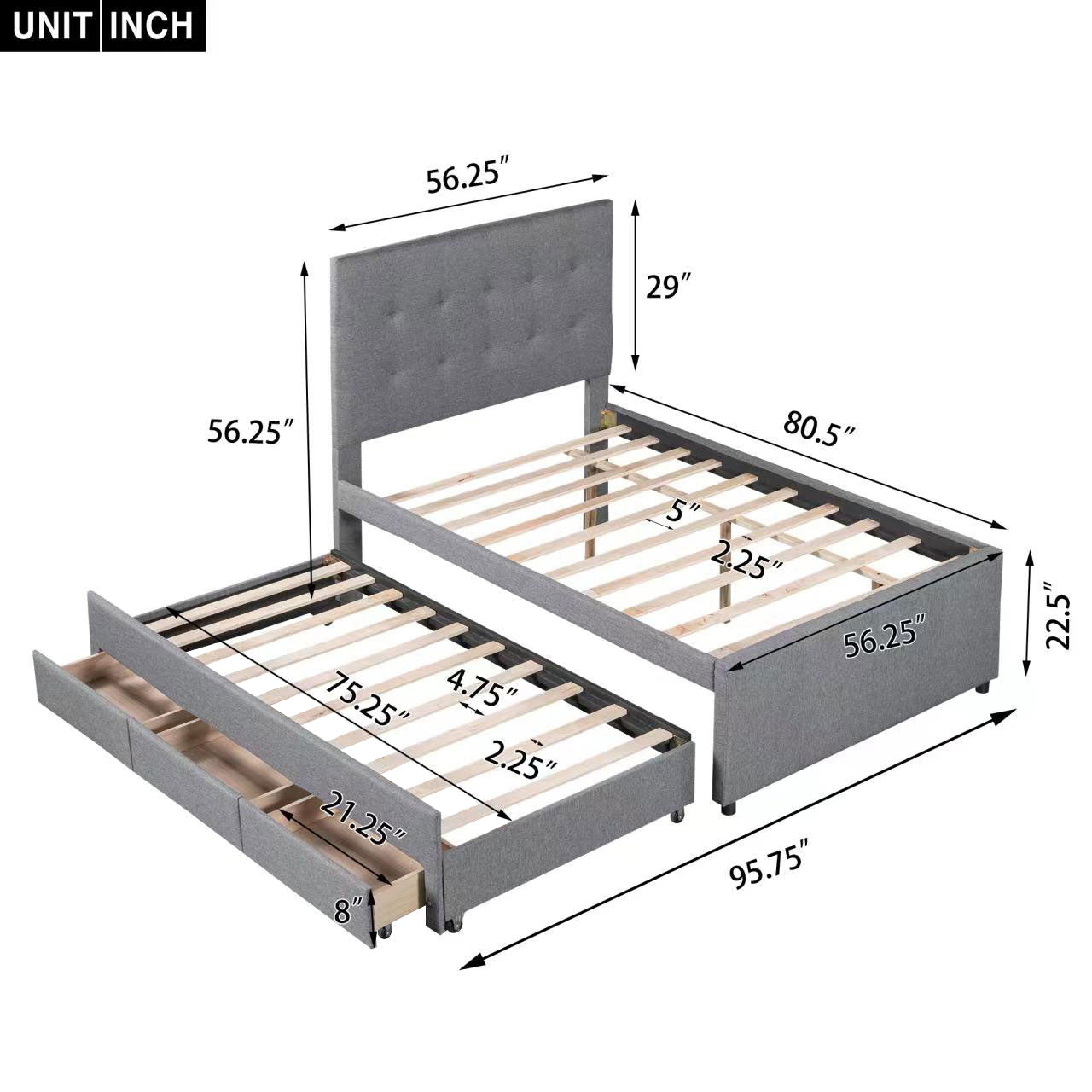 Full Size Upholstered Platform Bed with Pull-out Twin Size Trundle and 3 Drawers, Gray