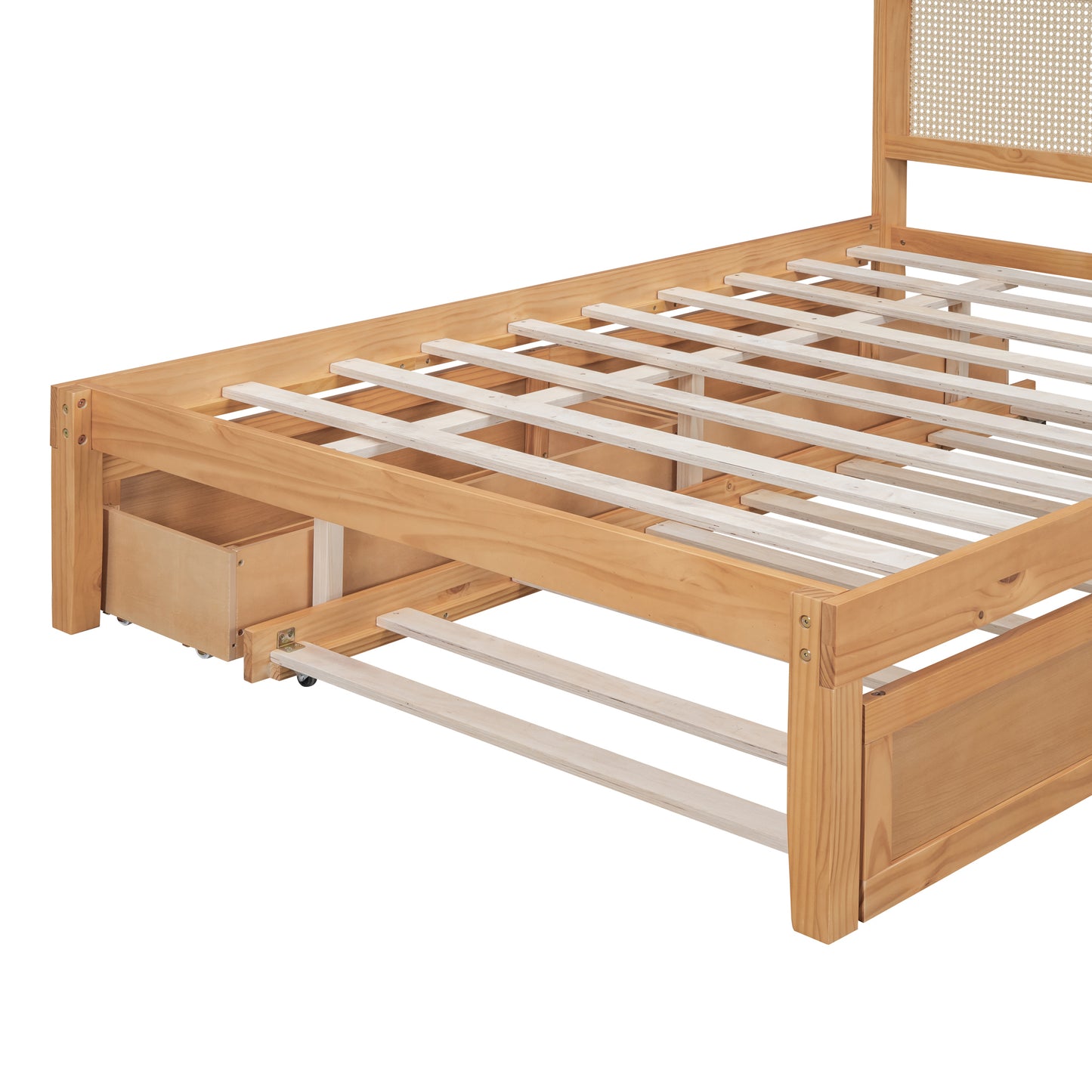 Full Size Elegant Bed Frame with Rattan Headboard and Sockets ,Natural