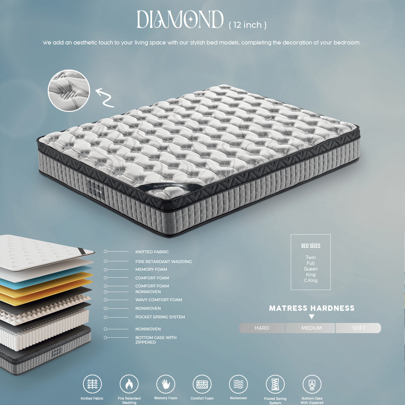 Assembled in USA -  High Quality 12" Queen Diamond Innerspring Hybrid and Cooling Gel Memory Foam Mattress, Pressure Relief, and Motion Isolation, CertiPUR-US and Oeko TEX Certified