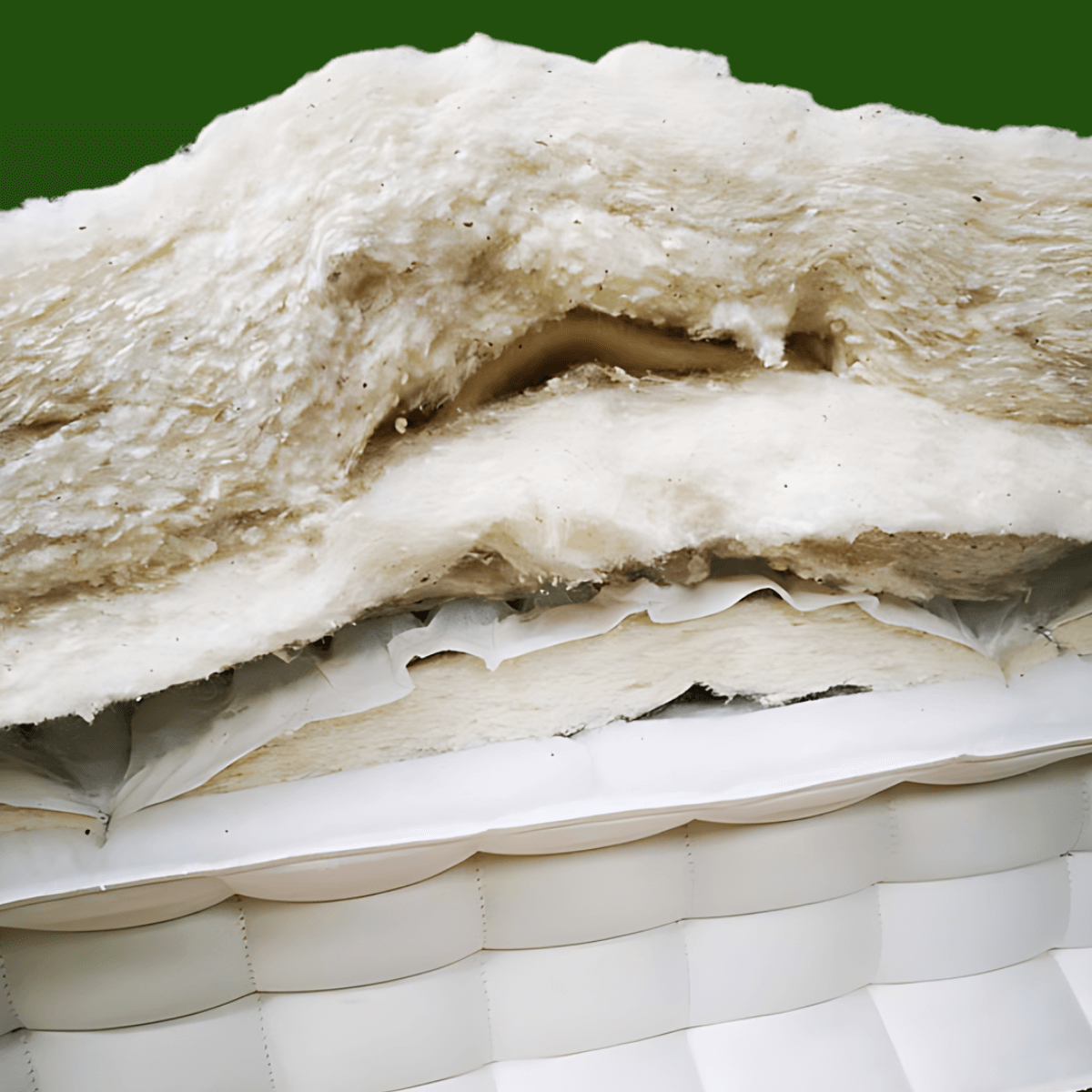Close-up of natural, organic fillings in an English Royal Mattress, showcasing traditional handcrafted layers by British artisans.