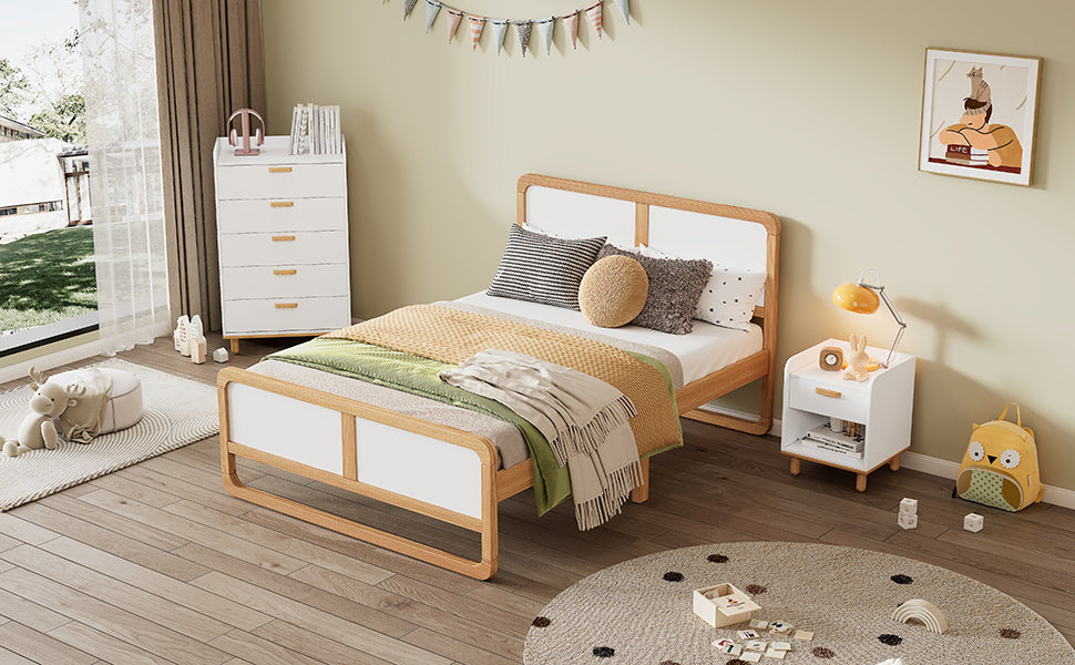 Modern Style Full Size Solid Wood Platform Bed for  Kids, Teens, Adults, No Need Box Spring, Walnut and White