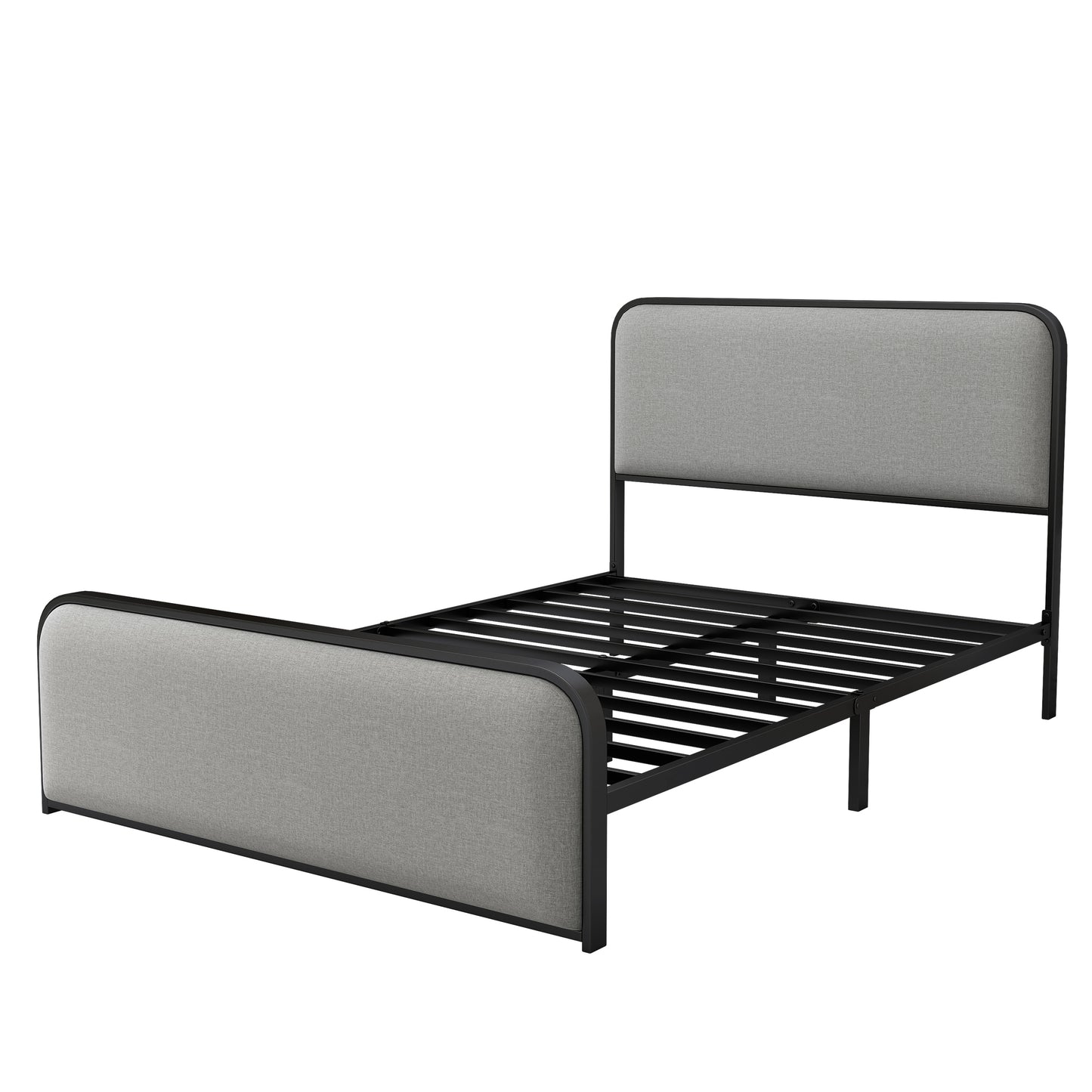 Modern Metal Bed Frame with Curved Upholstered Headboard and Footboard Bed with Under Bed Storage, Heavy Duty Metal Slats, Full Size, Grey