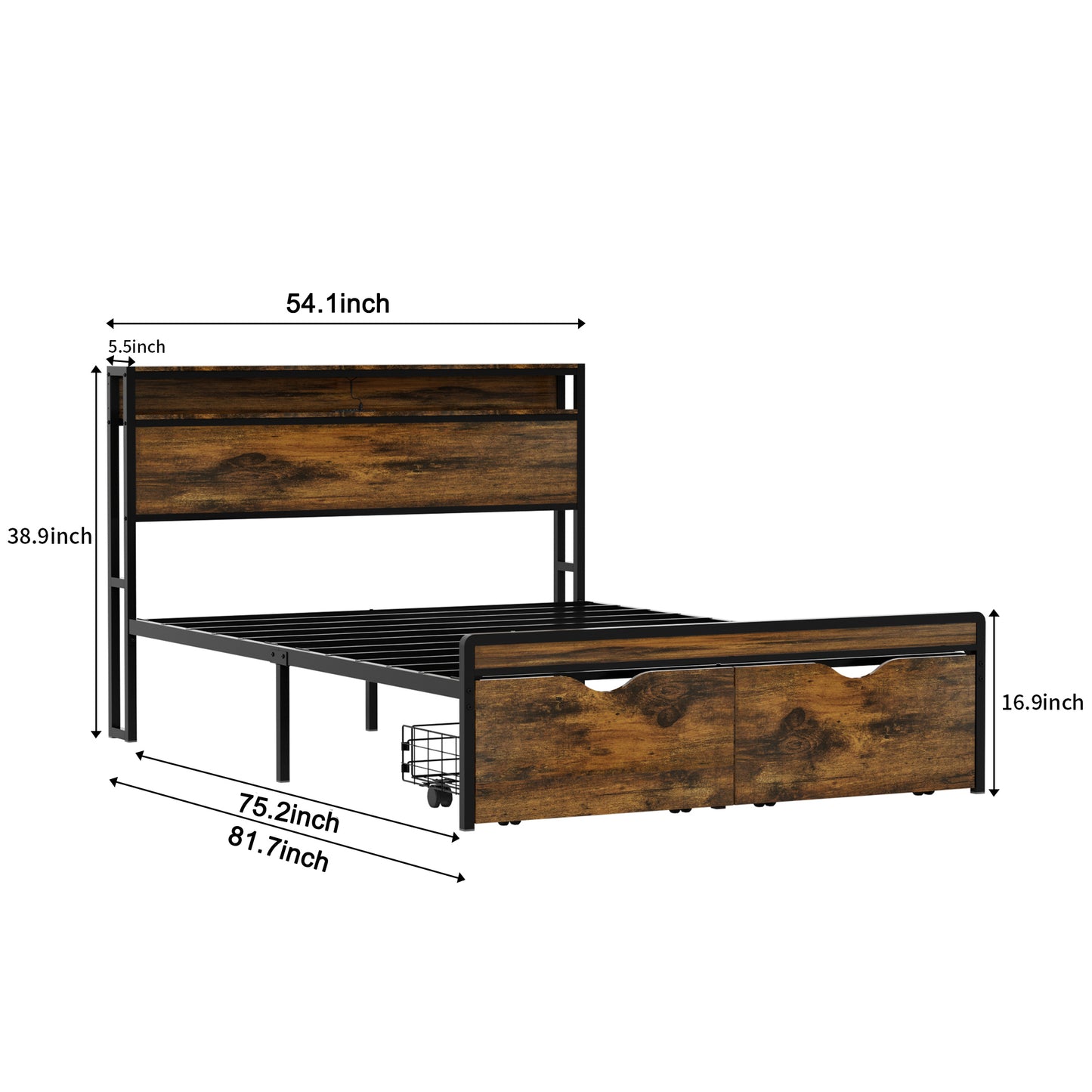 Full Size Metal Bed Frame with Drawer, Black Heavy Duty Mattress Foundation with Steel Slat Support, Noise Free,81.73"L x 54.13"W x 38.96"H