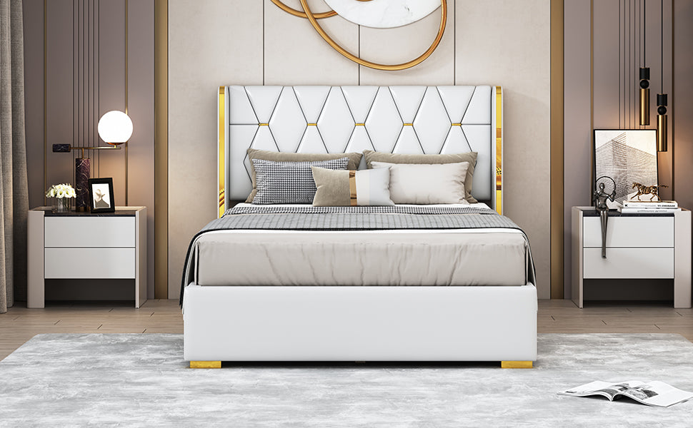 Full Size Upholstered Platform Bed with Metal Strips, Off-white