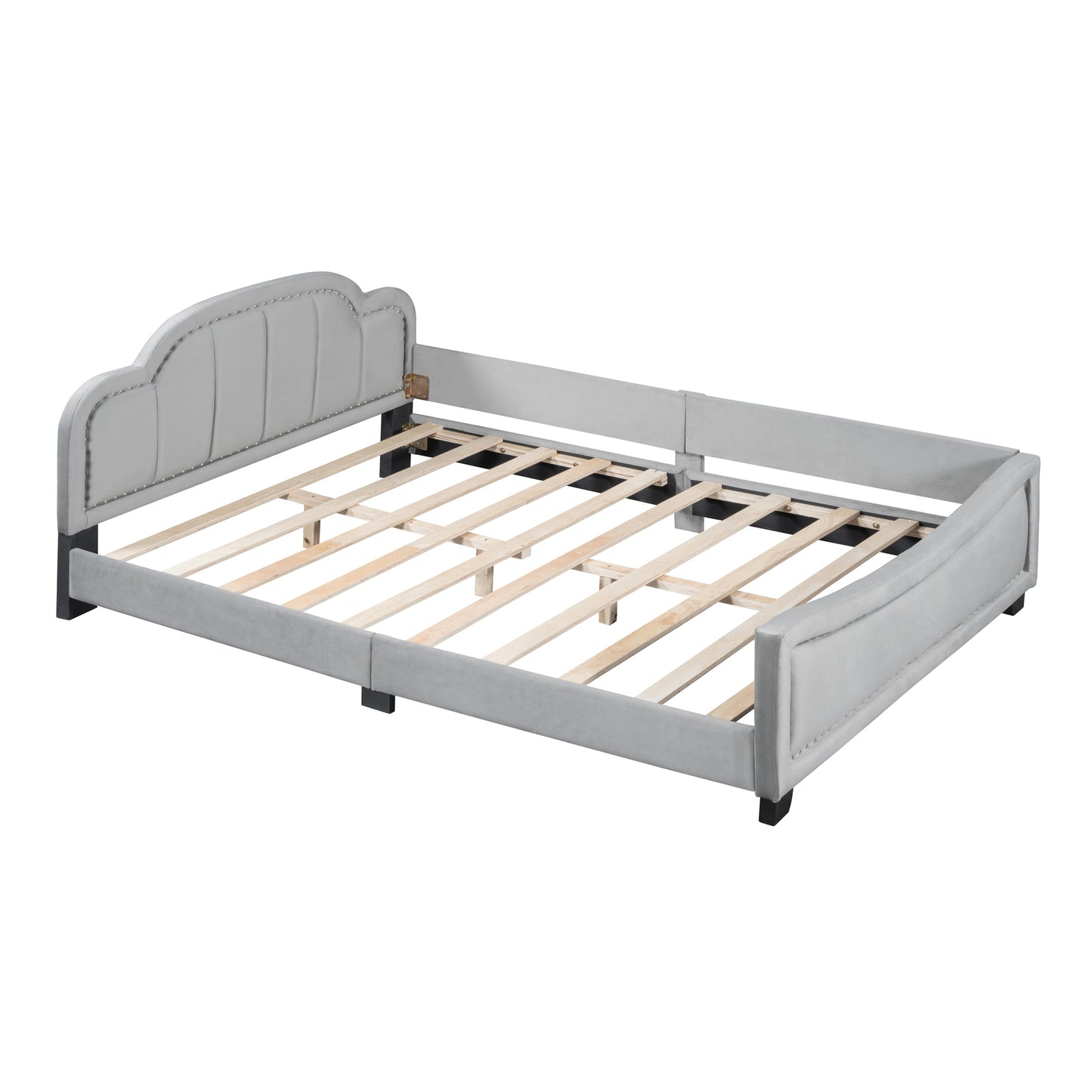 Sofá cama tapizado de tamaño completo con cabecera en forma de nube, elegante diseño de clavos de cobre integrados, gris