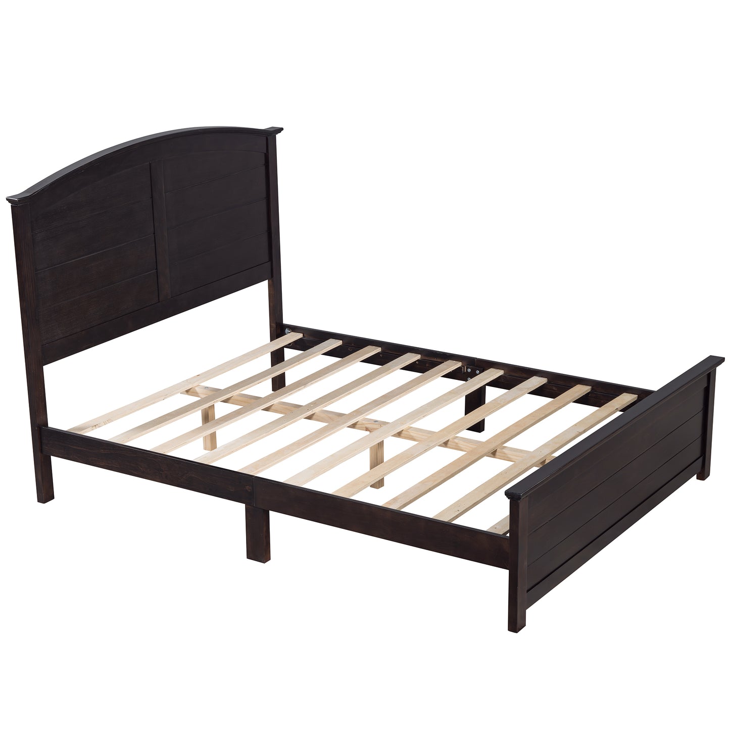 Farmhouse Wooden Platform Queen Size Bed with Curl Design Headboard and Footboard for Teenager, Espresso