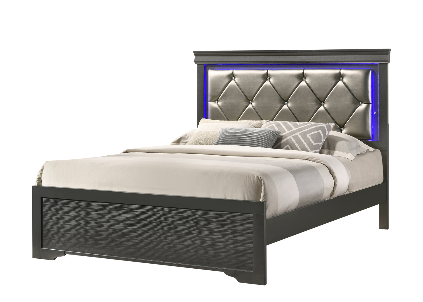 Queen 4 Piece LED Bedroom set made with Wood in Gray