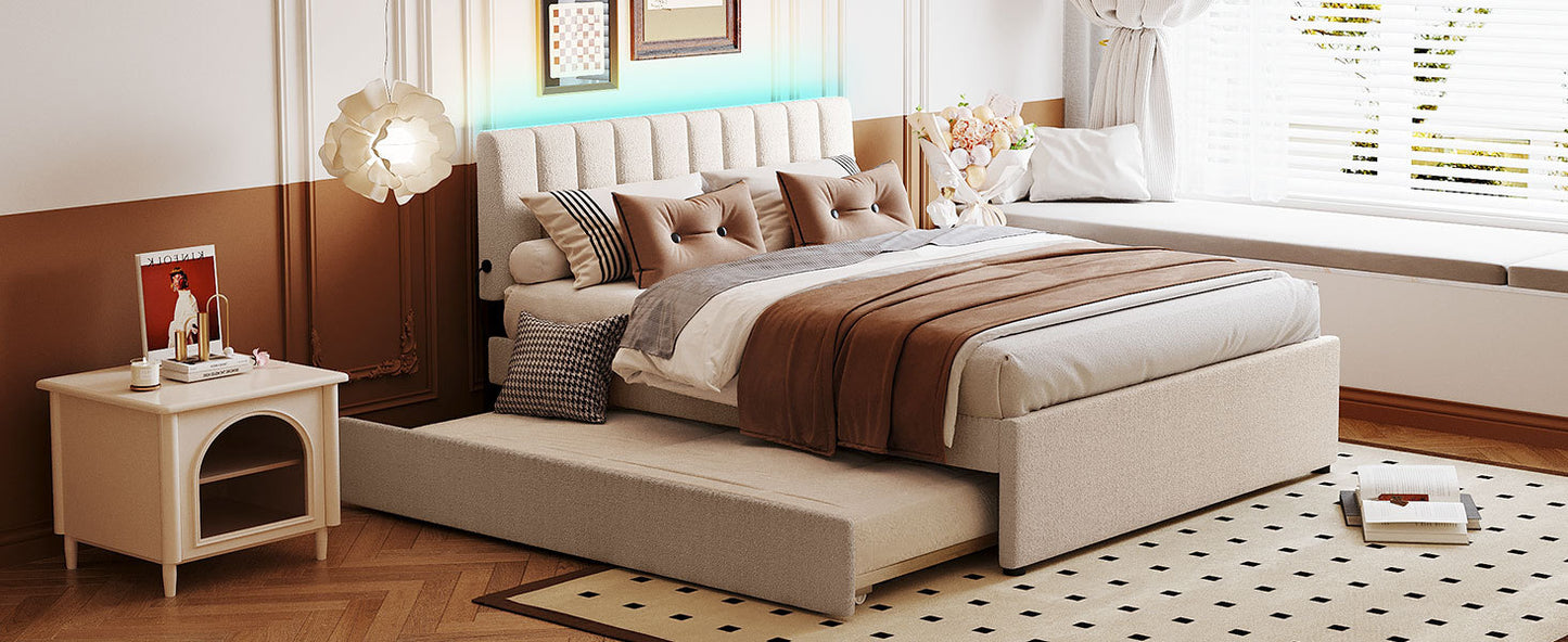 Teddy Fleece Queen Size Upholstered Platform Bed with Twin XL Trundle, Beige