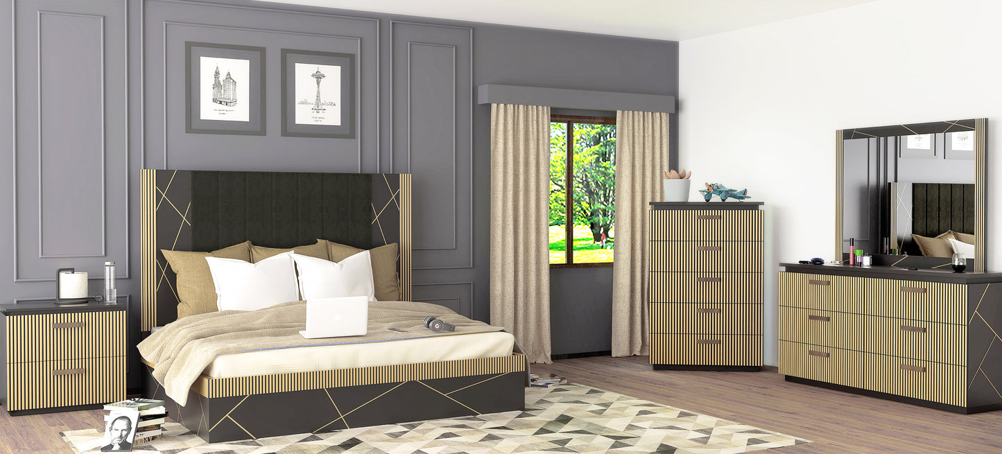 Modern Style 5Pc King Bedroom Set Made With Wood and Finished with Black and Brass Metal