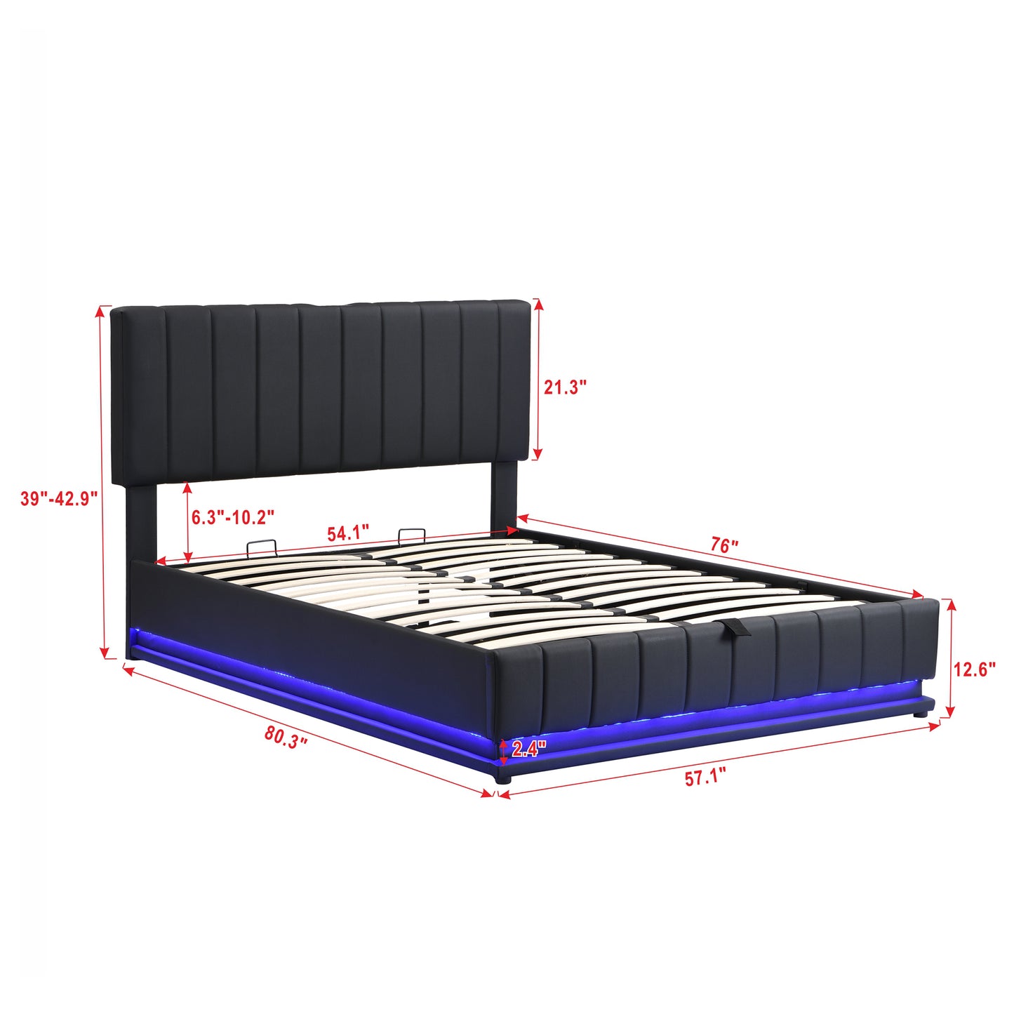 Full Size Upholstered Bed with Hydraulic Storage System and LED Light, Modern Platform Bed with Sockets and USB Ports, Black