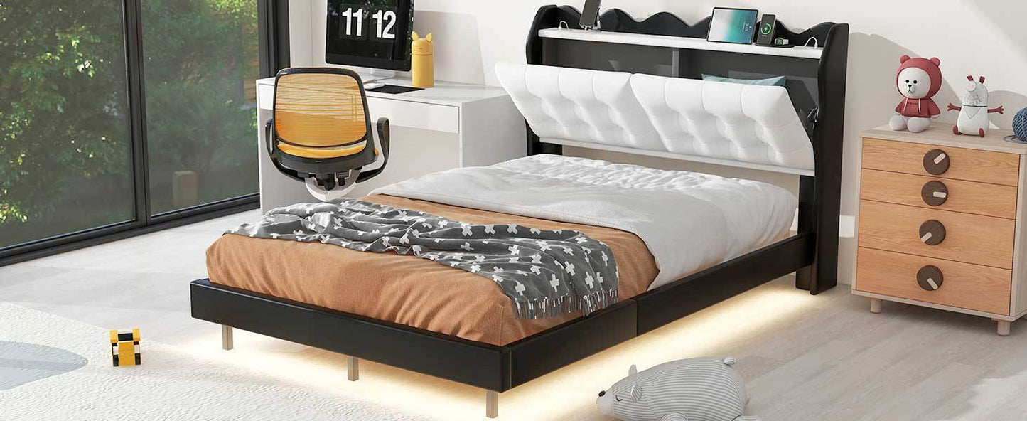 Full Size Upholstery Platform Bed Frame with LED Light Strips and Built-in Storage Space,Black