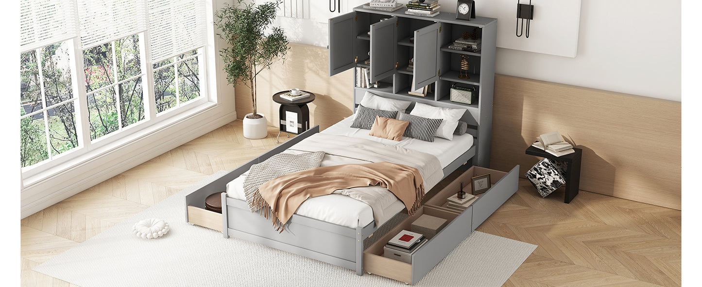 Full Size Platform Bed with Storage Headboard and 4 Drawers, Gray