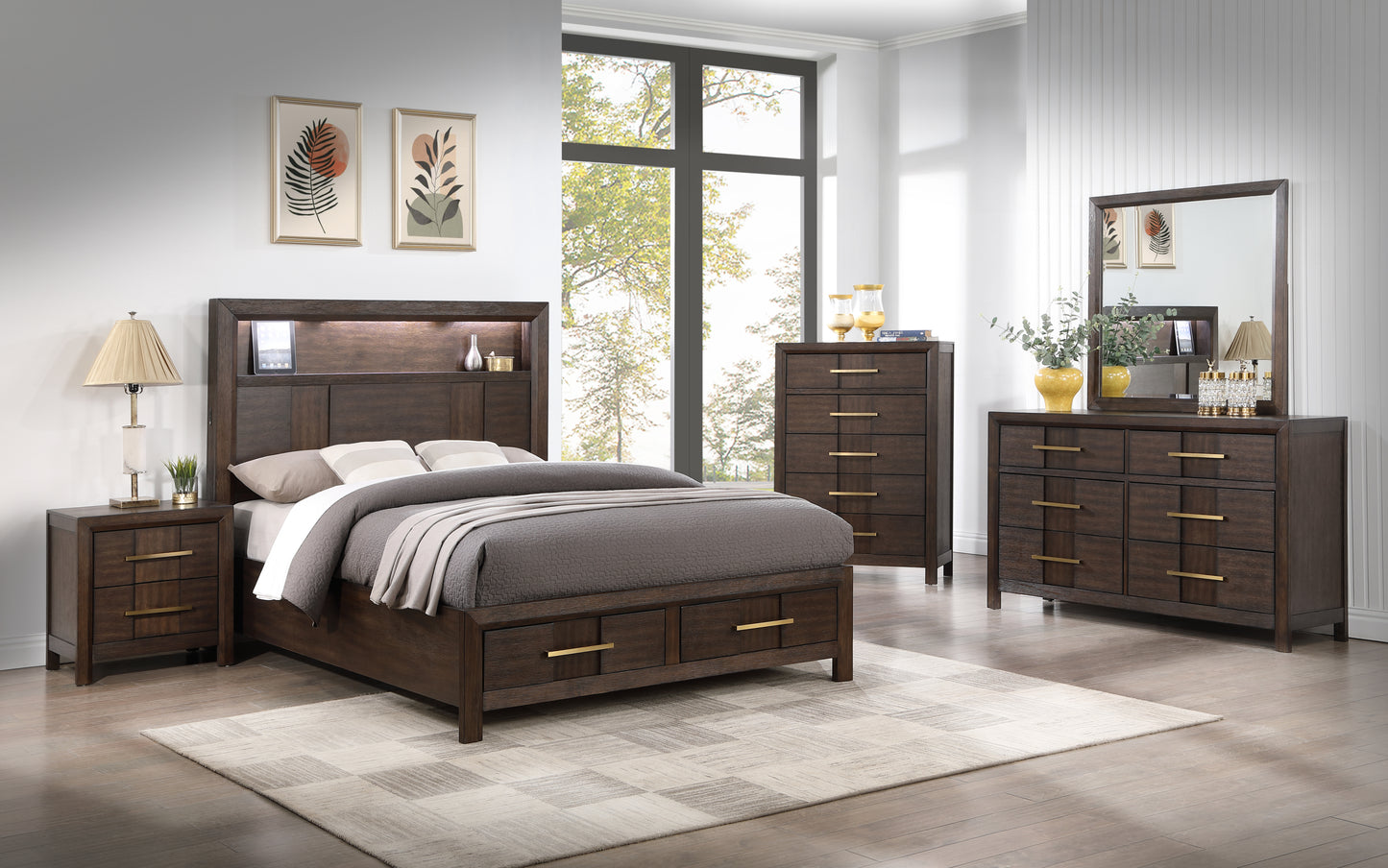 Modern Style Full Bed Made with Wood & LED Headboard with bookshelf in Walnut