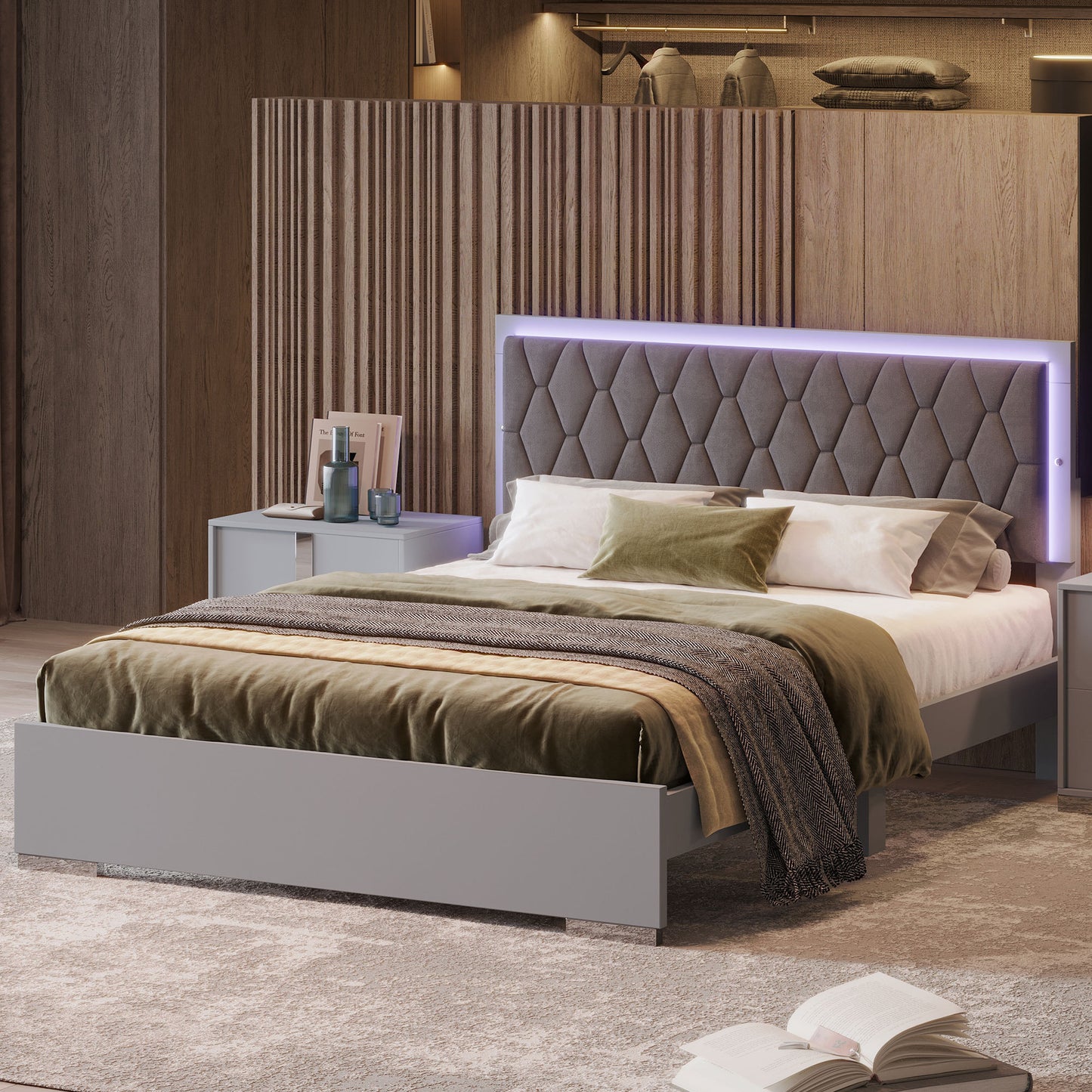 Queen Size Upholstered Bed with LED Lights,Modern Platform Bed with Velvet Headboard,Grey