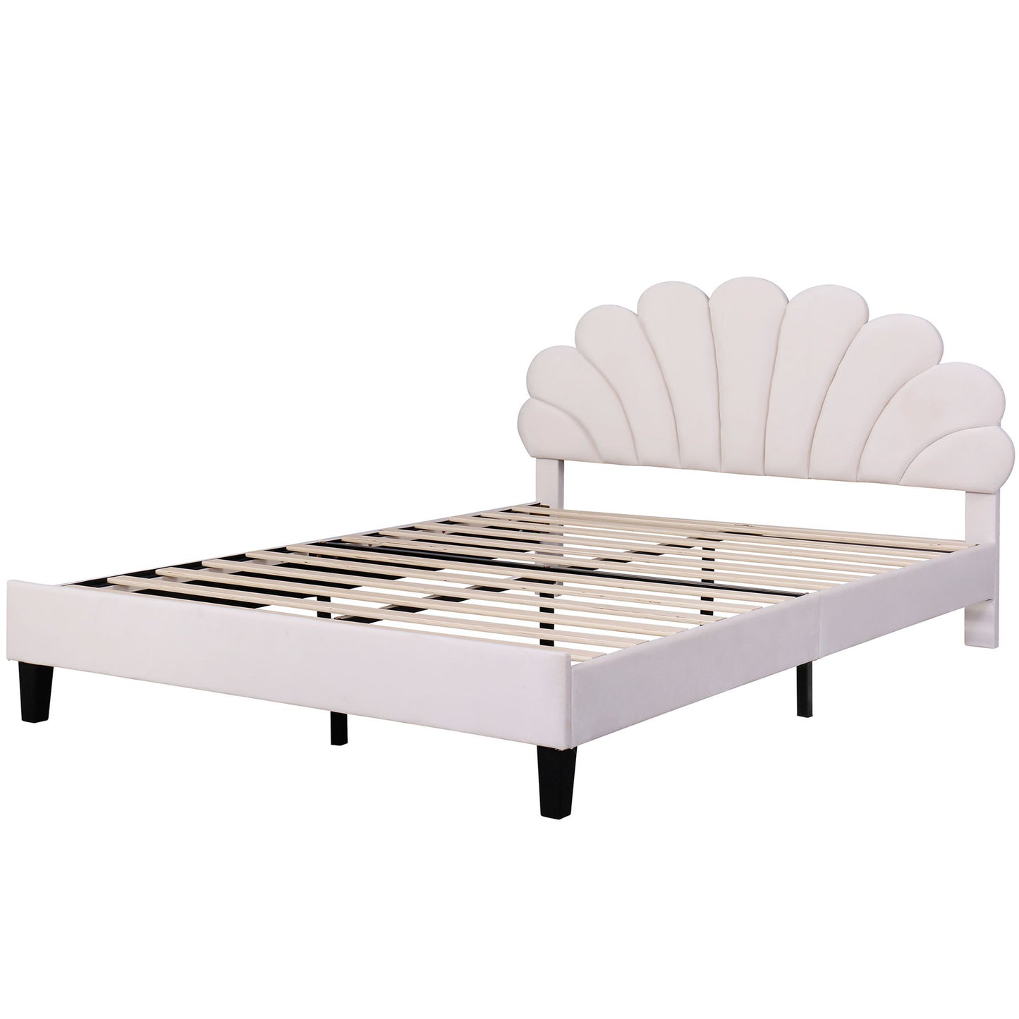 Queen Size Upholstered Platform Bed with Flower Pattern Velvet Headboard, Beige