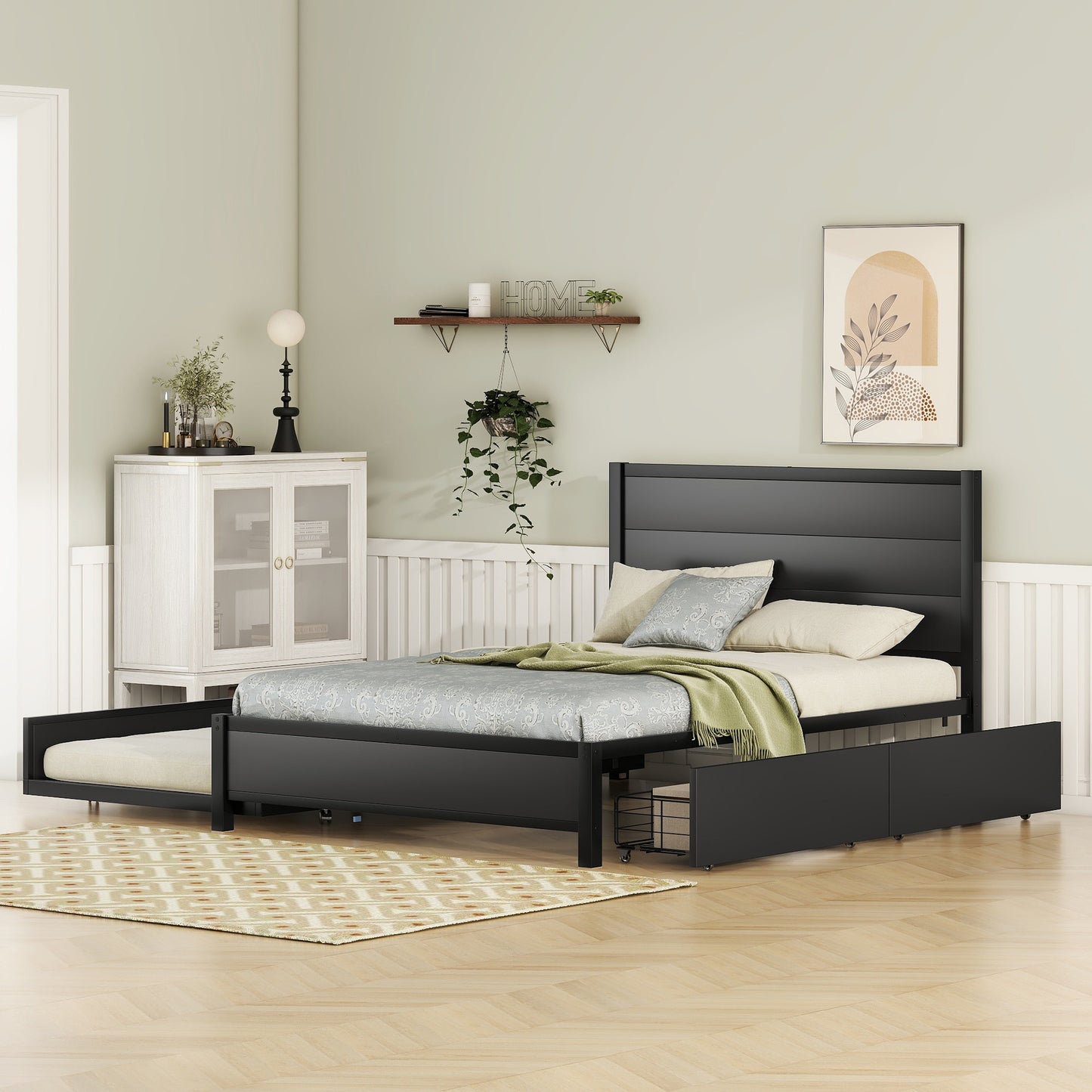 Metal Full Size Storage Platform Bed with Twin Size Trundle and 2 Drawers, Black