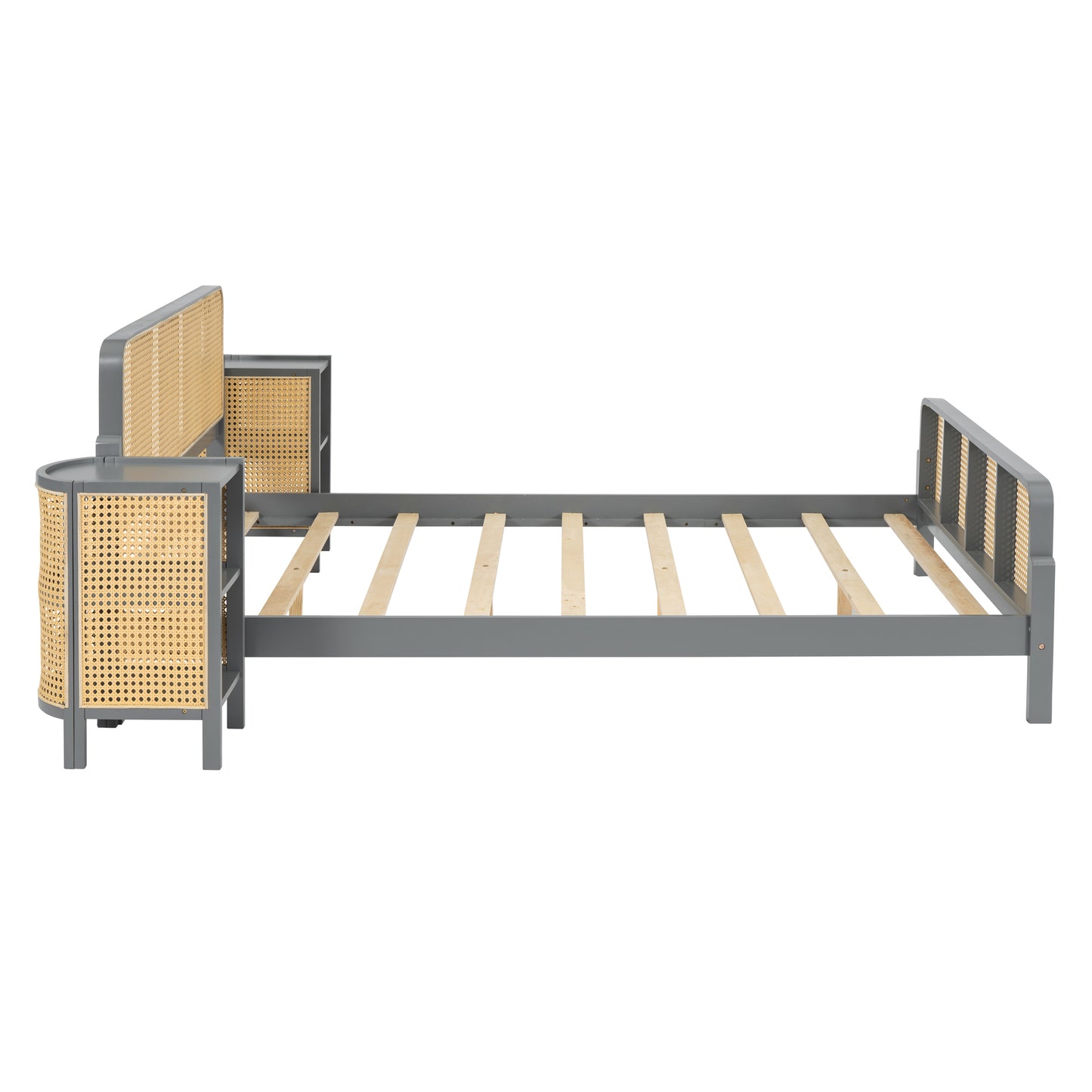 3 Pieces Rattan Platform Full Size Bed With 2 Nightstands,Gray