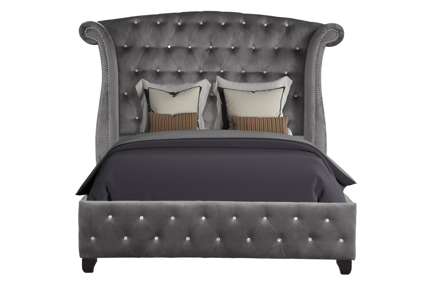 Modern Style Crystal Tufted Queen 4 Piece(Includes: Queen Size Bed, Nightstand, Vanity Set) Velvet Fabric Upholstery Vanity Bedroom Set Made with Wood in Gray