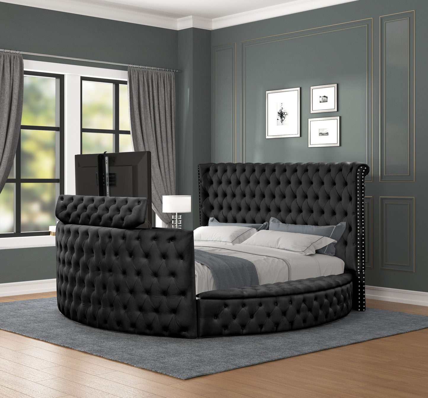 Modern Style Crystal Tufted Queen Bed  Made with wood in Black