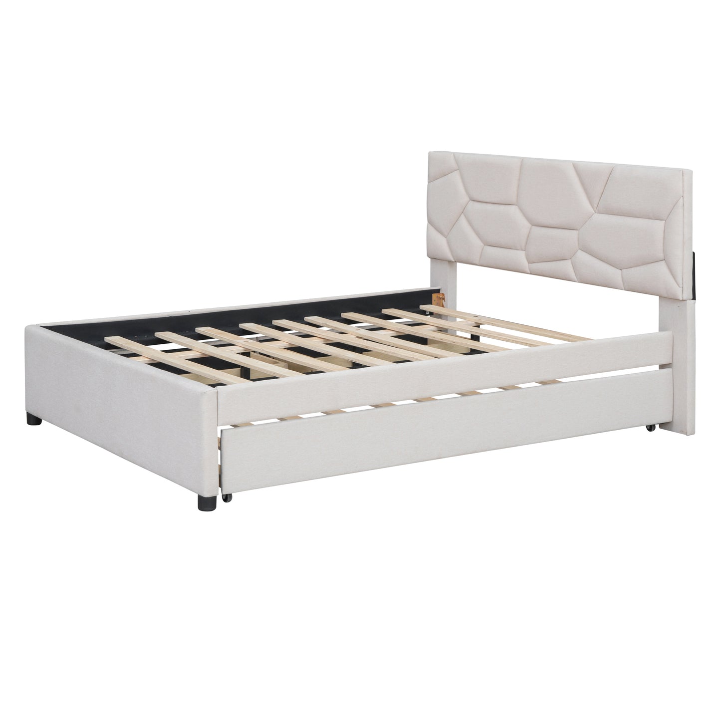 Full Size Upholstered Platform Bed with Brick Pattern Headboard, with Twin Size Trundle and 2 Drawers, Linen Fabric, Beige